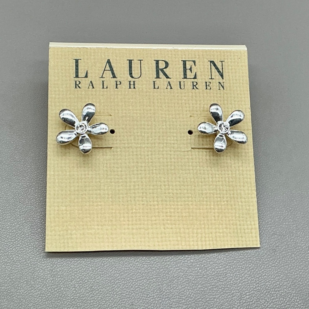 Lauren Ralph Lauren Flower Earrings Women Silver Tone Floral Studs Crystal